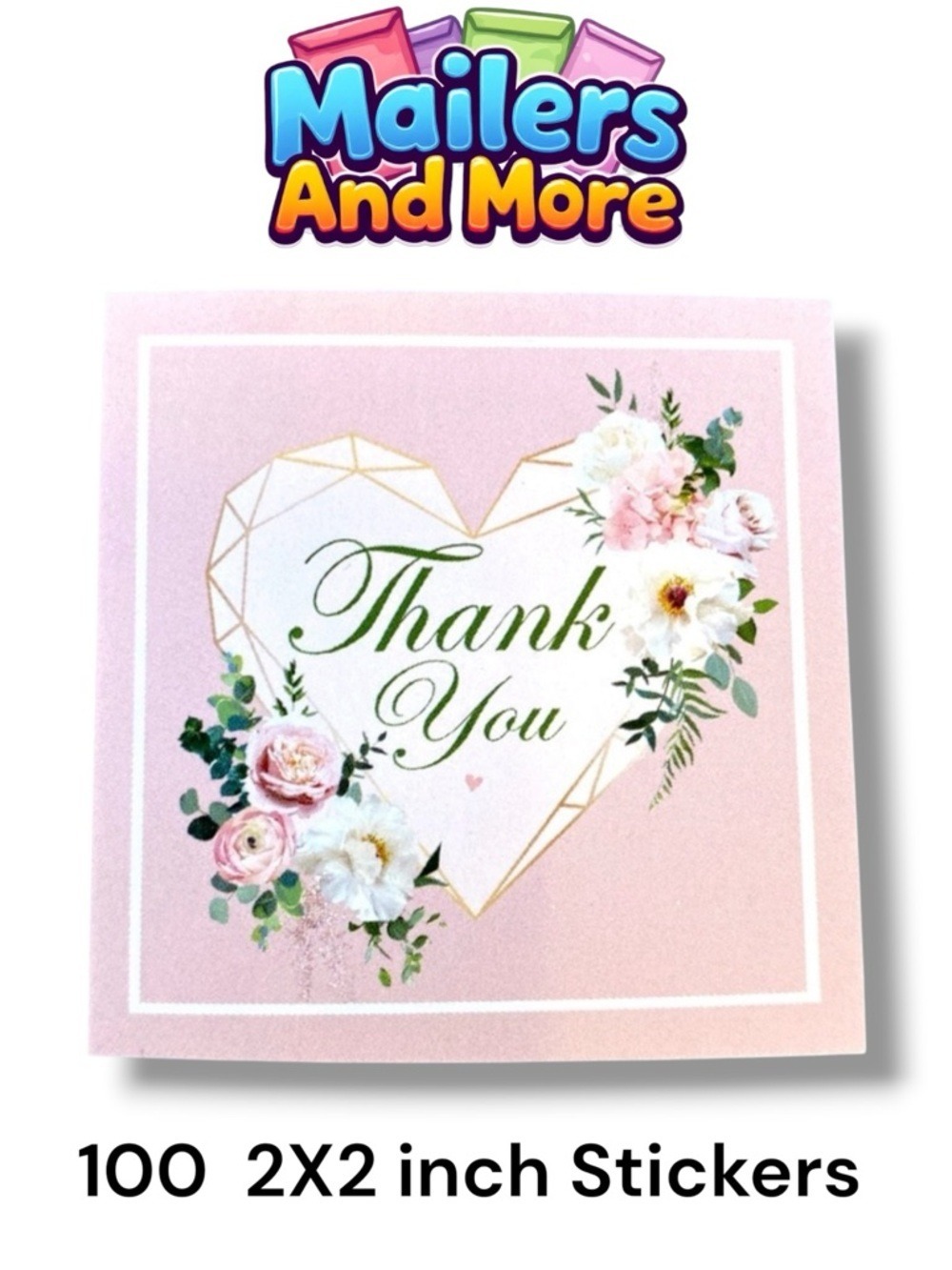 100 (2x2 Inch) Heart Square Stickers, Easy Peel,, High Gloss, Thank You